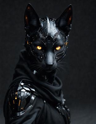 The primary subject of the image is a cat wearing a futuristic, metallic mask. The cat is positioned in the foreground, with the mask covering its face. The setting appears to be a dark room, creating a mysterious and intriguing atmosphere. The visual style of the image is a combination of photo and digital art, as it captures the cat's unique appearance and the mask's intricate details. The colors and mood of the image are predominantly dark, with the metallic
